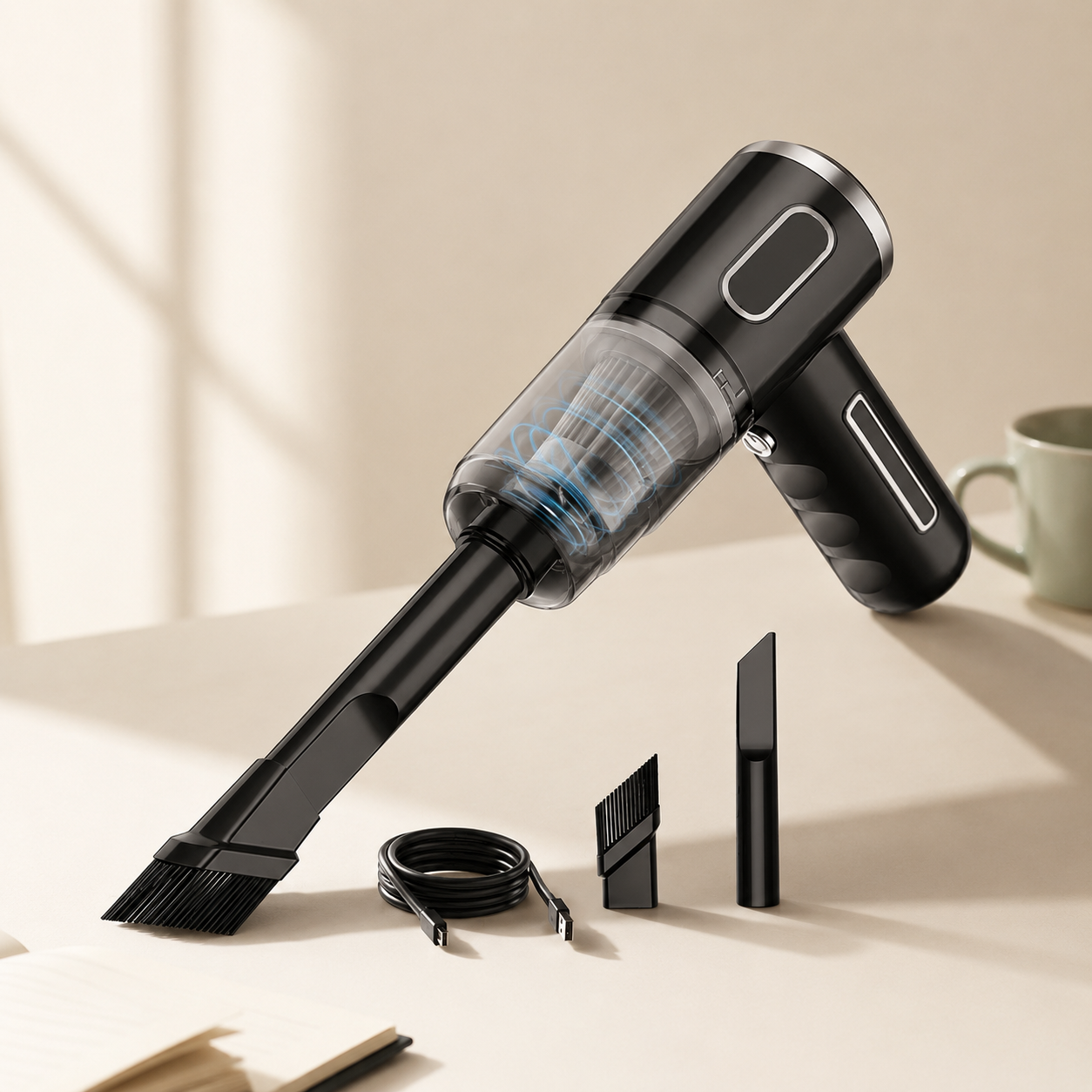 Nooma Mini cordless desk vacuum with charging cable and accessories on a cream desk