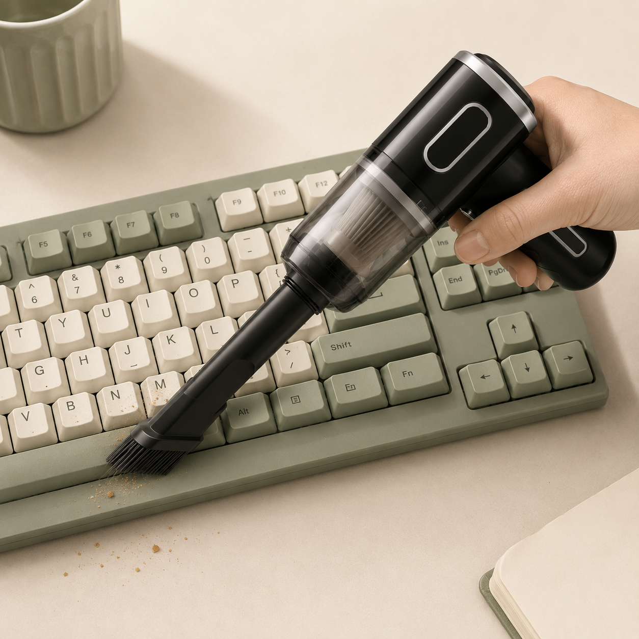 Nooma Mini cleaning crumbs from a sage green keyboard, top-down view